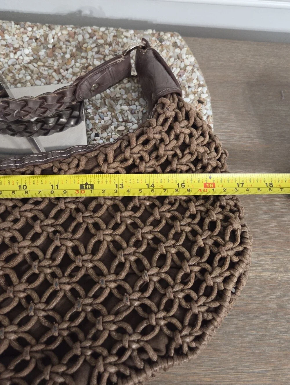 VTG Liz Claiborne Macrame Crescent Bag Brown Knotted Rope Boho Crochet Shoulder
